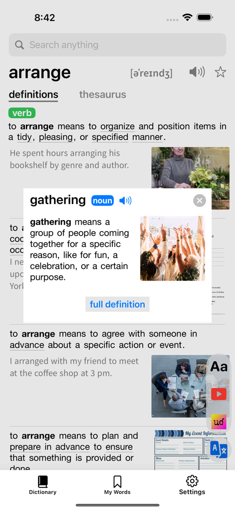 Deep Dictionary - A mobile app screenshot showing multiple definitions for the word arrange with illustrative photos and a popup window for the word gathering.