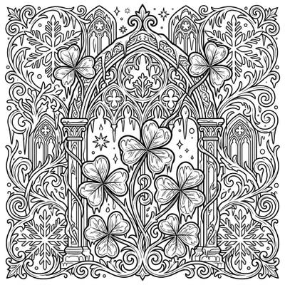 Dive into a uniquely melancholic coloring experience with this Gothic Winter Shamrocks design. Discover an intricate blend of icy textures, ornate gothic architecture, and symbolic shamrocks perfect for a contemplative creative session.