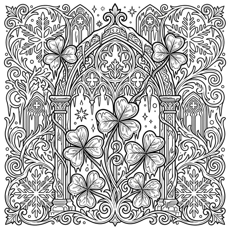 Dive into a uniquely melancholic coloring experience with this Gothic Winter Shamrocks design. Discover an intricate blend of icy textures, ornate gothic architecture, and symbolic shamrocks perfect for a contemplative creative session.
