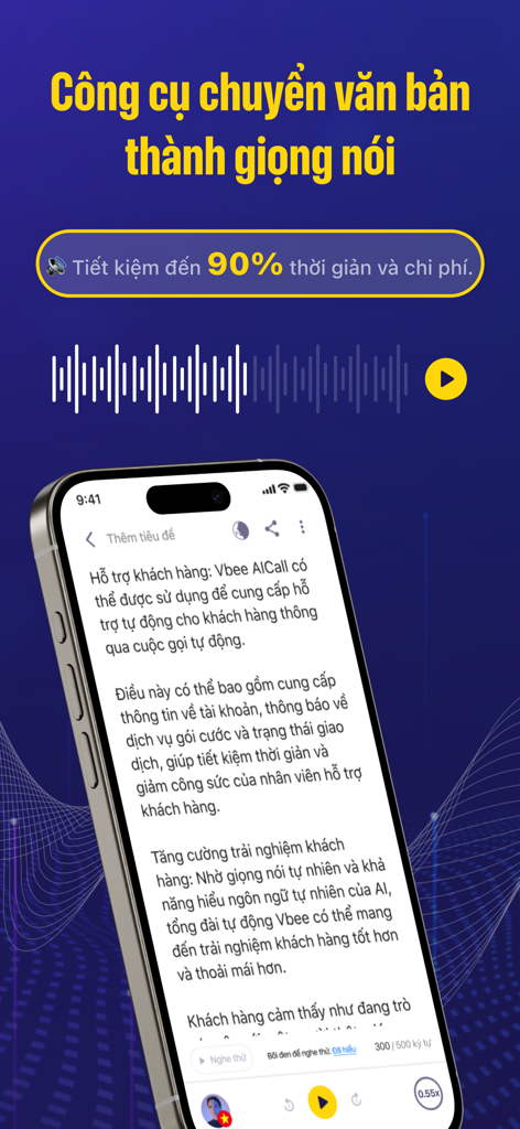Smartphone display of the Vbee AIVoice app showing Vietnamese text being converted into speech