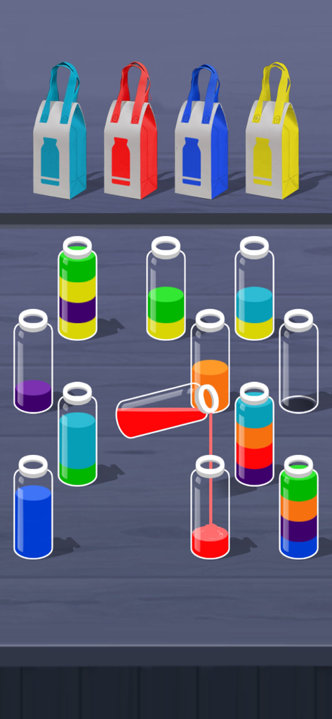 来点颜色看看 - 倒水游戏挑战我最强 - Glass bottles with colorful liquids in a water sorting logic puzzle game.