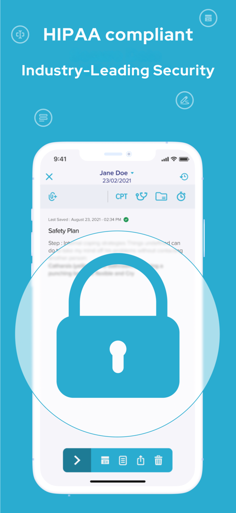 Mimo AI Clinical Notes - Ein Smartphone-Bildschirm mit einem Vorhängeschloss-Symbol, das die HIPAA-Konformität und branchenführende Sicherheit in der Mimo AI Clinical Notes App hervorhebt