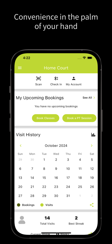 Home Court - Painel do aplicativo Home Court mostrando opções de reserva, calendário de histórico de visitas e estatísticas de treino.
