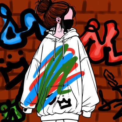 realistic girl with a oversized sweatshirt on and a bun