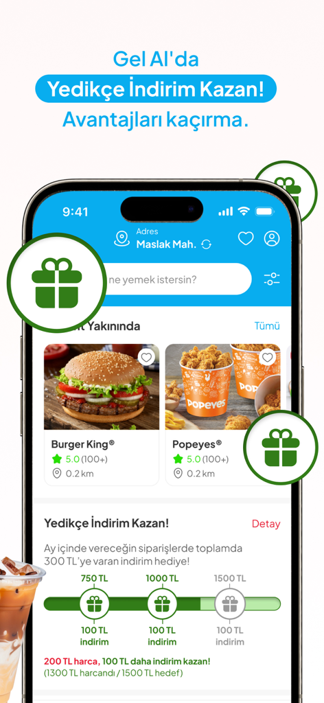 Interfaccia dell'app mobile Tıkla Gelsin che mostra opzioni di ristoranti come Burger King e Popeyes con una barra di avanzamento dei premi fedeltà.