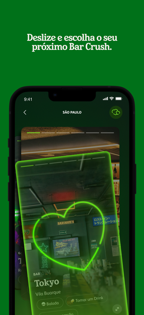 Hei - A mobile app interface from Hei by Heineken showing a bar discovery feature where users can swipe through curated bars like Tokyo in Sao Paulo