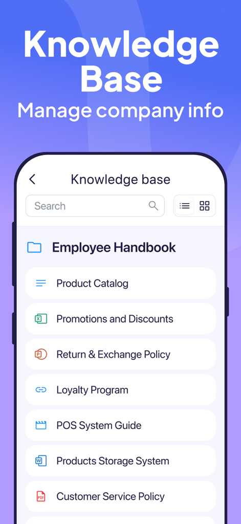 Interfaccia della base di conoscenza dell'app mobile Connecteam che mostra documenti aziendali come il manuale del dipendente e il catalogo prodotti