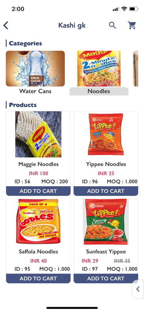 Storimart Salesman Ordering - Product catalog screen in the Storimart Salesman Ordering app showing noodle brands with wholesale pricing and minimum order quantities