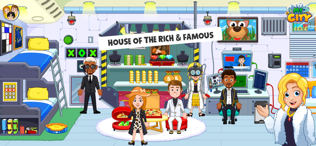 My City : Mansion - Characters inside a high tech room with a gold vault in My City Mansion