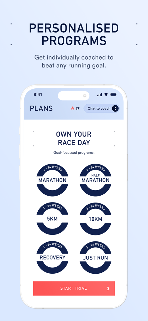Coopah: The Run Coaching App - Coopah app interface showing personalized training plans for marathon half marathon 5k and 10k races