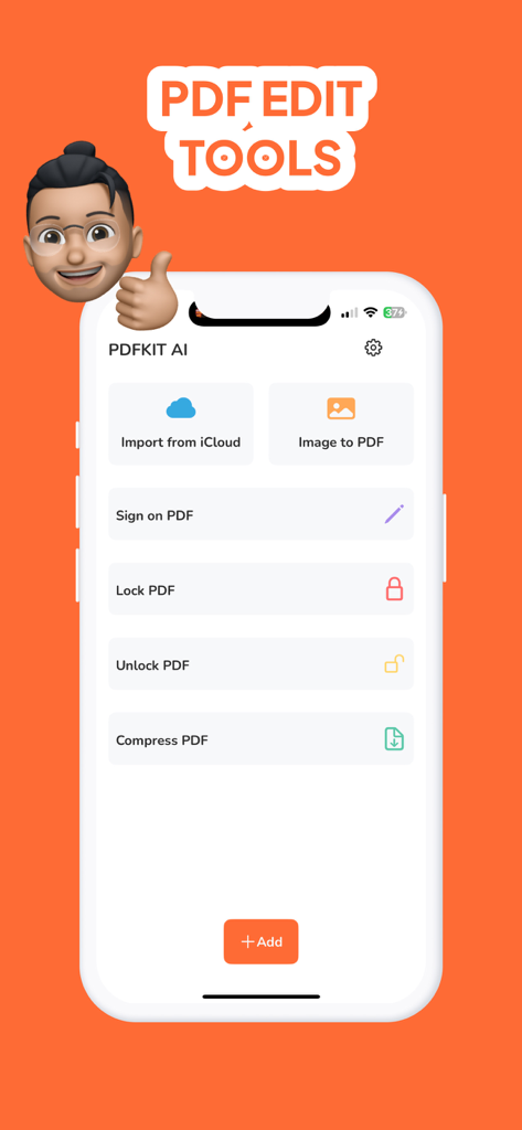 PDFKit: Convert Picture to PDF - Captura de pantalla de la aplicación móvil PDFKit mostrando herramientas para firmar, bloquear y comprimir archivos PDF
