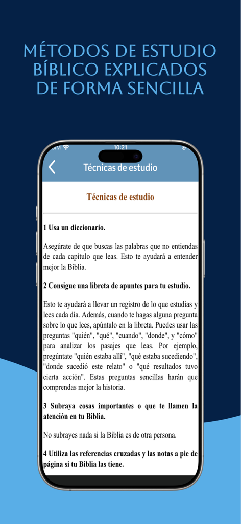 Estudio Biblia Reina Valera - Interfaz de la aplicación mostrando técnicas y métodos de estudio bíblico explicados de forma sencilla.