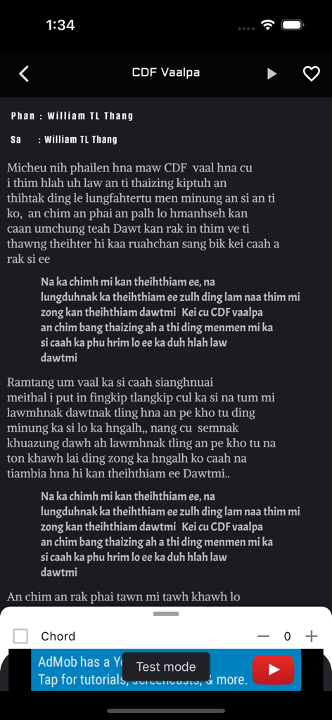 Laihla Lyrics - Mobile screen of the Laihla Lyrics app showing Hakha Chin song lyrics for CDF Vaalpa with chord options