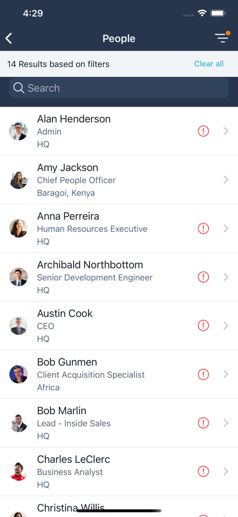 peopleHum - A list of employees with their job titles and office locations within the peopleHum app directory