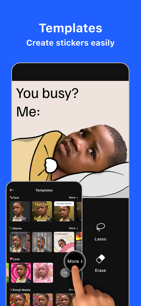 Sticker.ly 앱의 인터페이스는 쉬운 스티커 제작을 위한 다양한 밈 및 텍스트 템플릿을 보여줍니다.