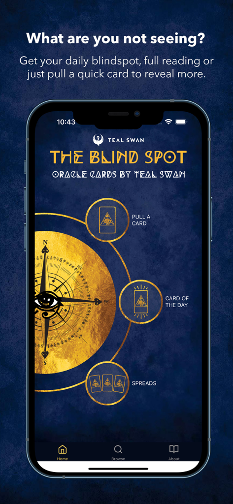 Blind Spot Oracle Cards - The home screen of the Blind Spot Oracle Cards app by Teal Swan featuring options to pull a card or view spreads.