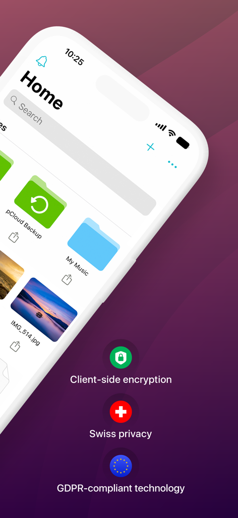 pCloud iPhone App-Oberfläche, die den Startbildschirm mit Ordnern und Sicherheitsfunktionen, einschließlich clientseitiger Verschlüsselung und Schweizer Privatsphäre, anzeigt