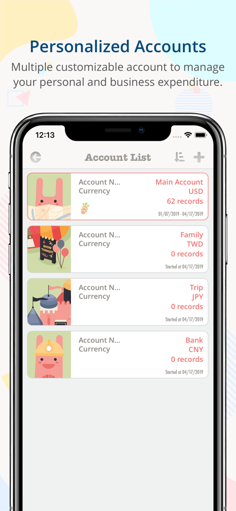Monny - A mobile screen showing the Monny app's account list with multiple personalized accounts in different currencies like USD, TWD, JPY, and CNY.