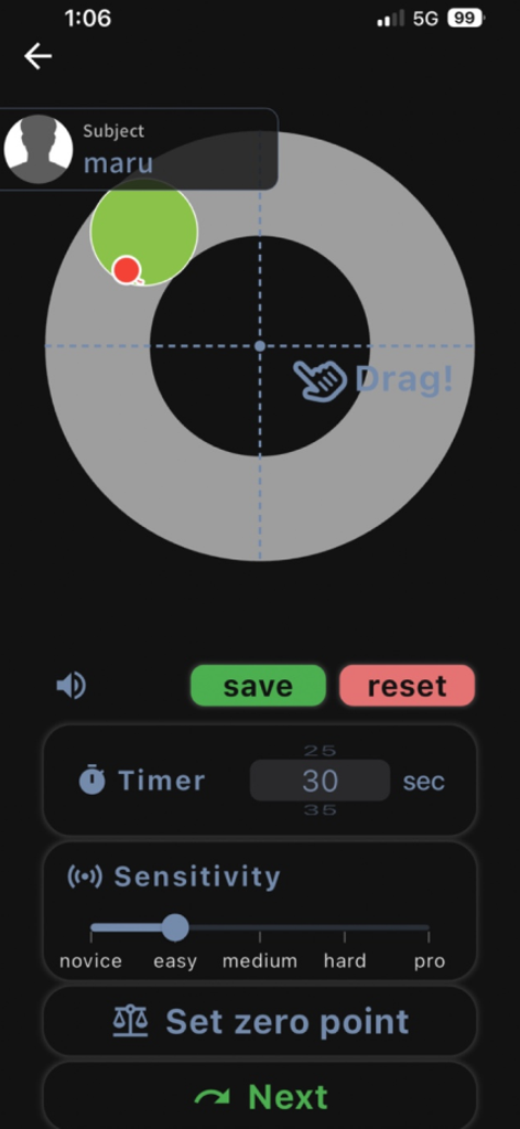 Honest Measure - Honest Measure app screen for measuring balance with a circular tracker and sensitivity adjustment slider.