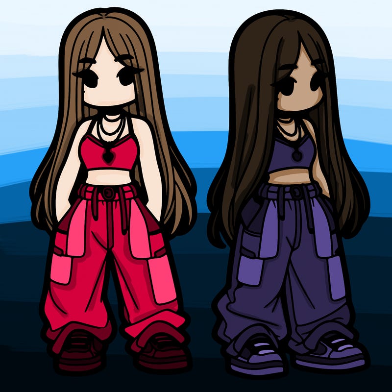 girl in baggy pants crop top and long hair