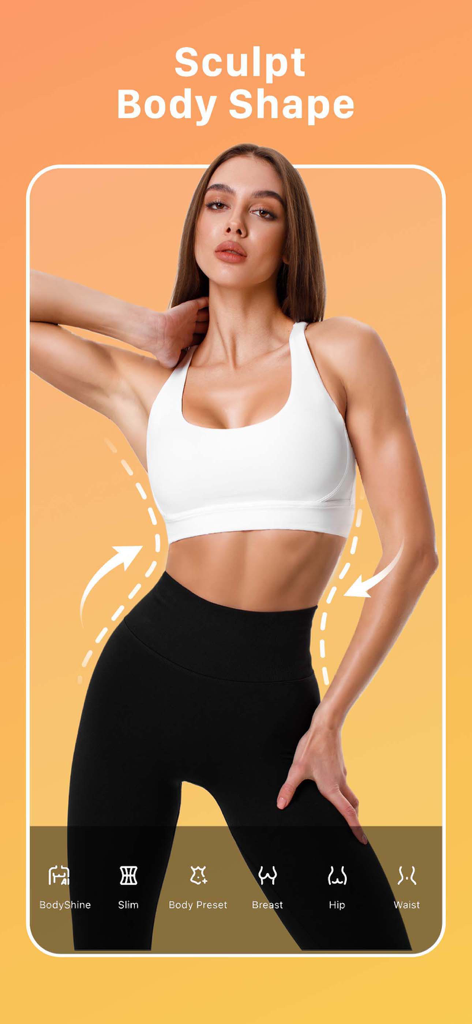 Everlook- Face & Body Editor - Interface de l'application Everlook montrant les fonctionnalités de sculpture de la forme du corps sur un mannequin fitness