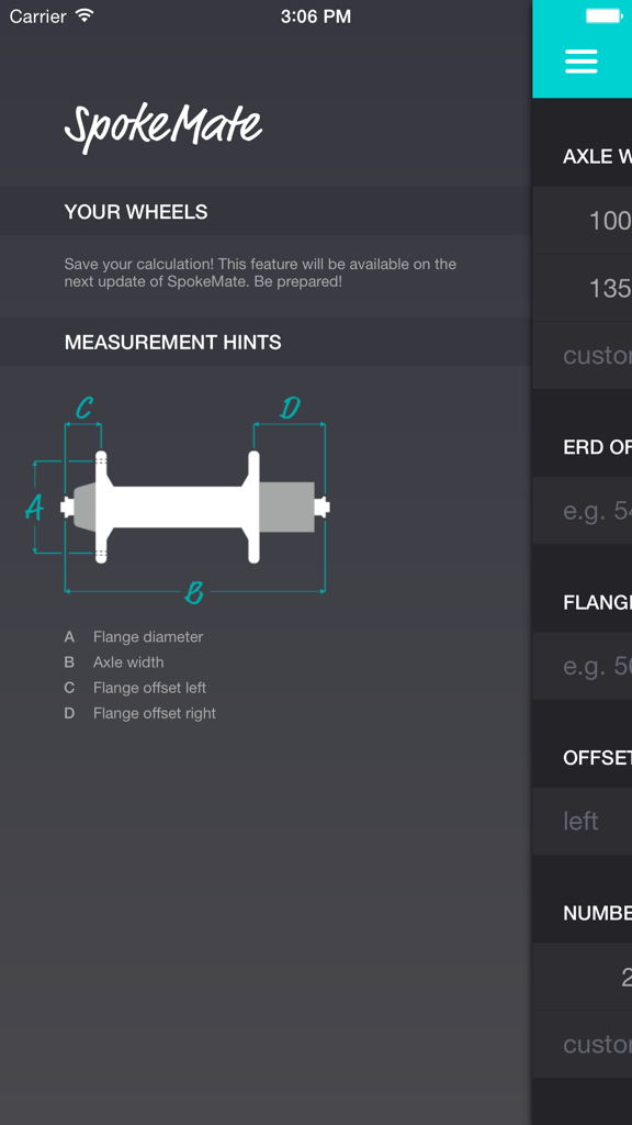 Bicycle hub measurement diagram with labels in the SpokeMate app