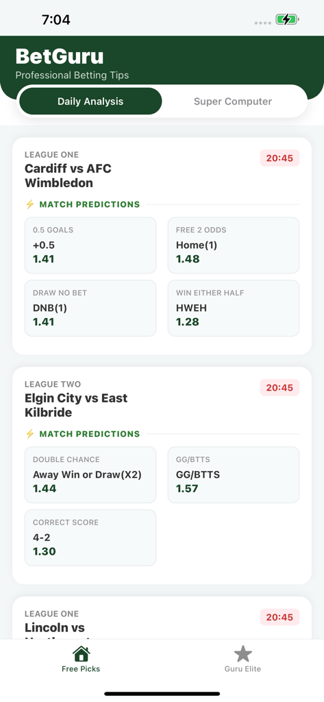 BetGuru: Football Betting Tips - Captura de pantalla de la aplicación BetGuru que muestra análisis de partidos de fútbol diarios y predicciones de apuestas