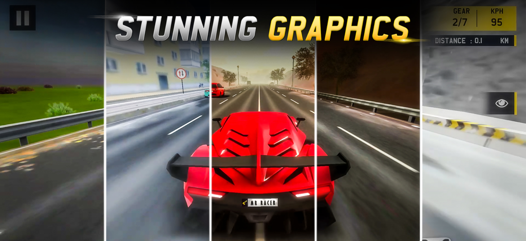 MR RACER - A red supercar in MR RACER showcasing stunning 3D graphics across different environments including city and snow tracks