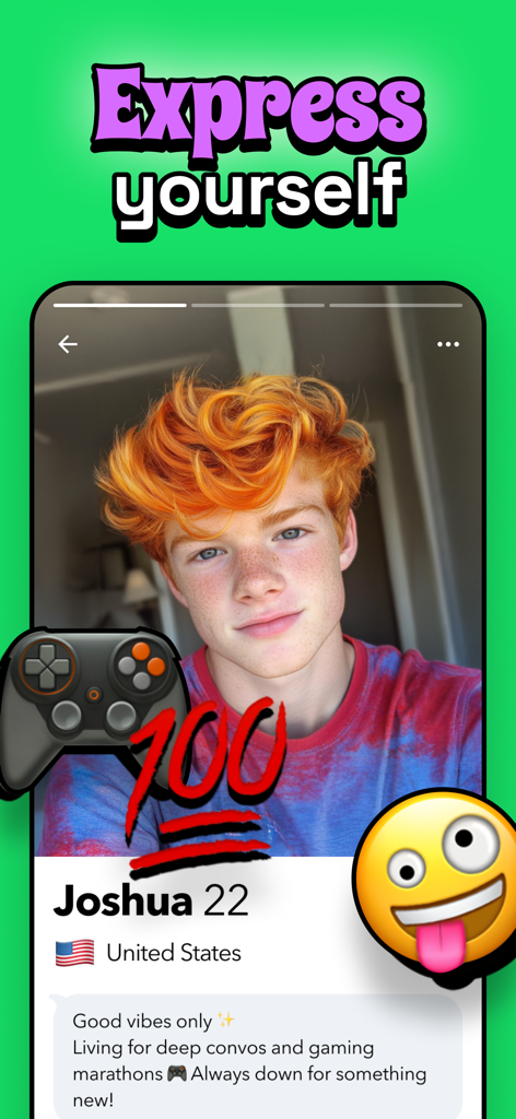 Hoop 앱의 사용자 프로필 화면, 젊은 남성의 자기소개와 '자신을 표현하세요' 텍스트 표시