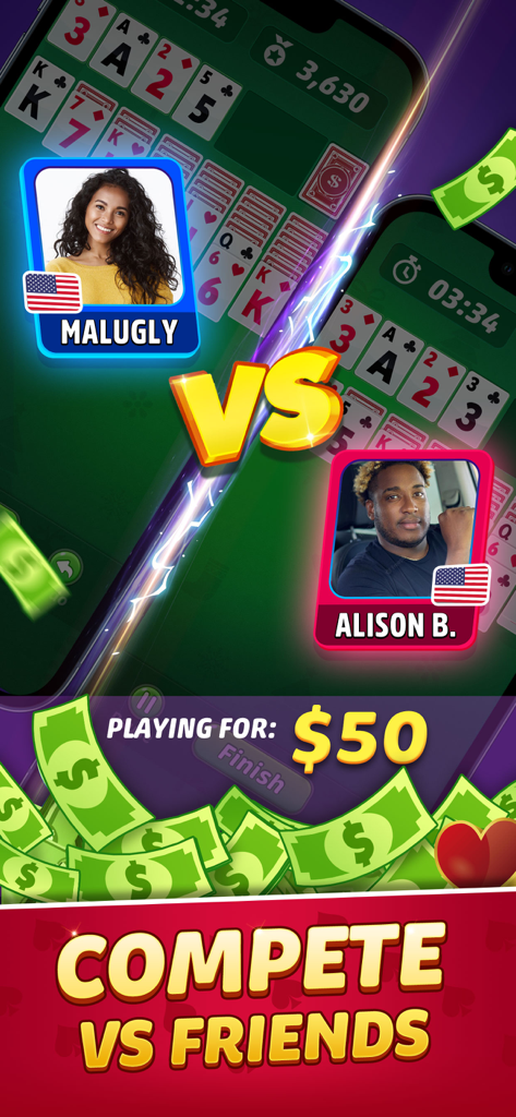 Deux joueurs s'affrontent dans un tournoi de solitaire pour un prix en argent de cinquante dollars.