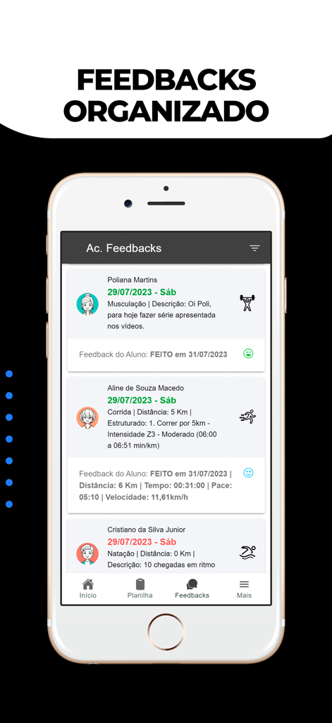 SisRUN Coach - Painel do aplicativo SisRUN Coach exibindo feedback organizado de treino de atletas.