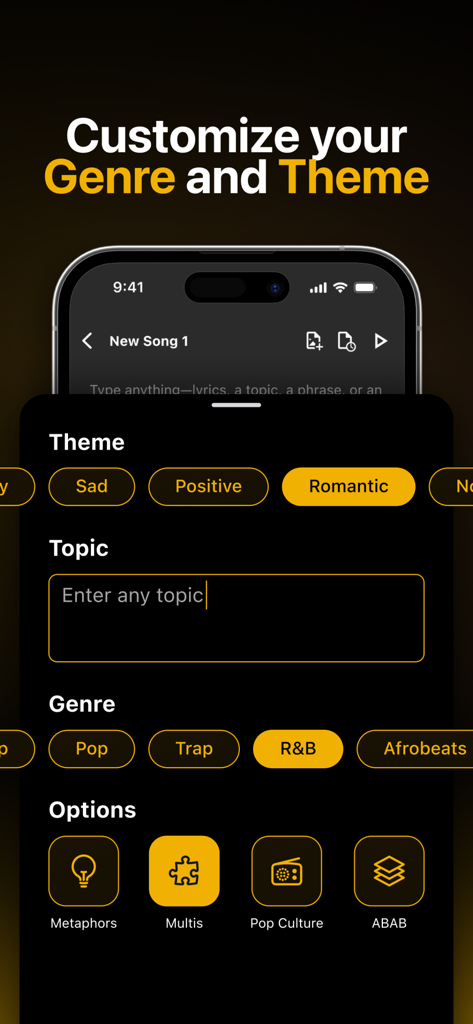 GhostWriter AI Lyricsアプリで曲のテーマとジャンルを選択するためのユーザーインターフェイス