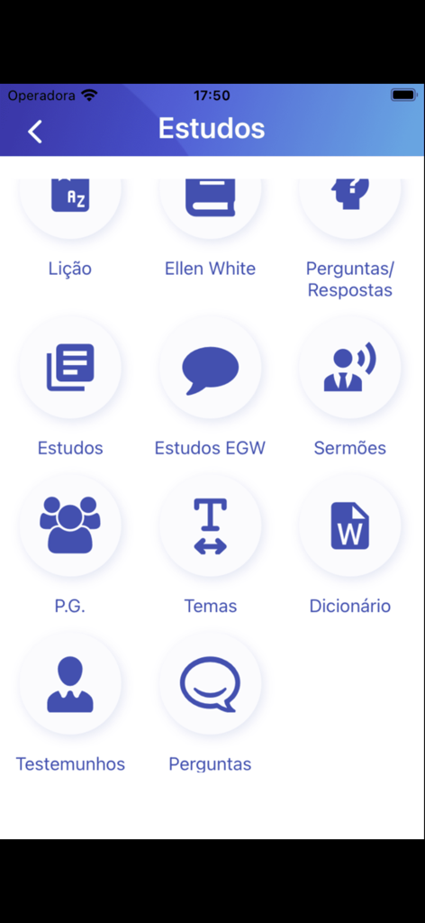 Adventist Study Bible - Menú de la aplicación Biblia de Estudio Adventista que muestra recursos de estudio religioso, incluyendo comentarios de Elena de White y lecciones de Escuela Sabática.