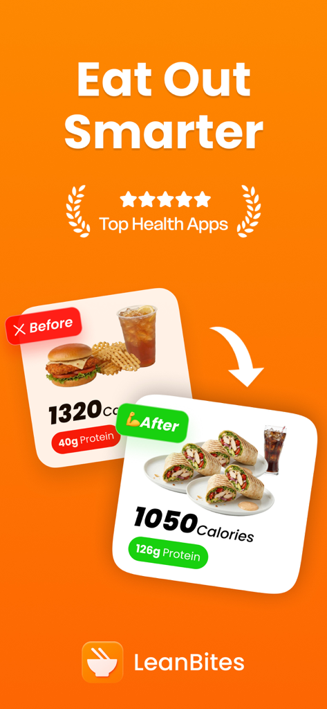 LeanBites - Healthy Dining - LeanBites app comparison showing a high protein meal alternative for restaurant dining