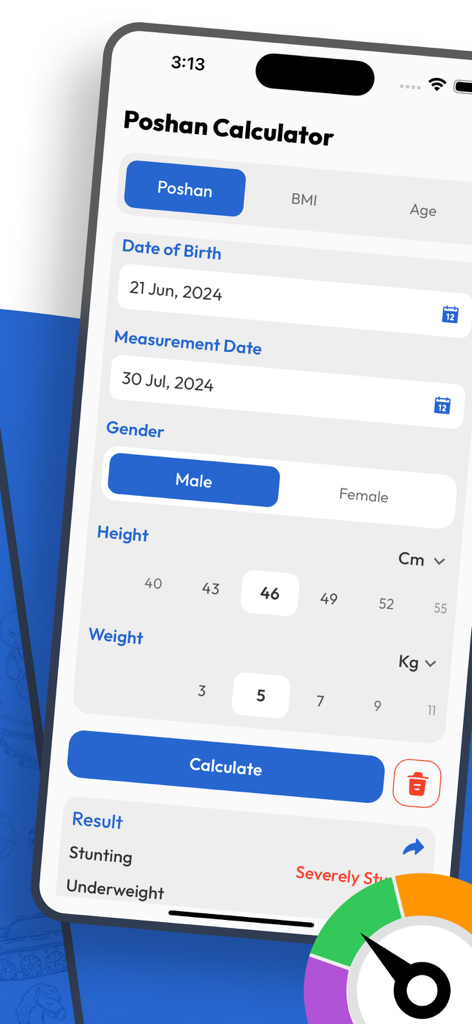 Smartphone screen of the Poshan Calculator app displaying input fields for child growth metrics like height and weight