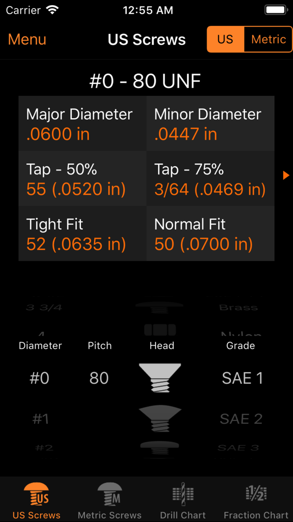 iEngineer - iEngineer mobile app screen showing technical dimensions and tap sizes for US screws