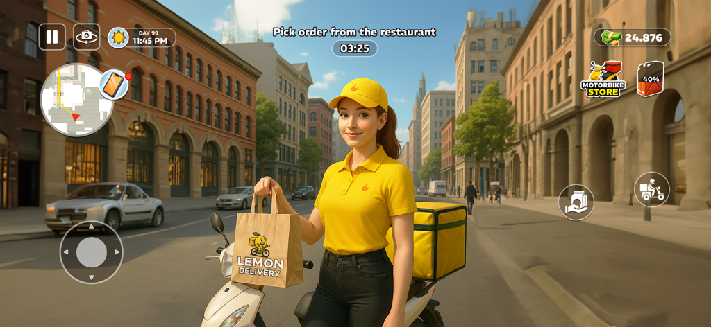 Deliver Till Dawn - Una repartidora con uniforme amarillo sosteniendo una bolsa de comida junto a un scooter en el juego Deliver Till Dawn