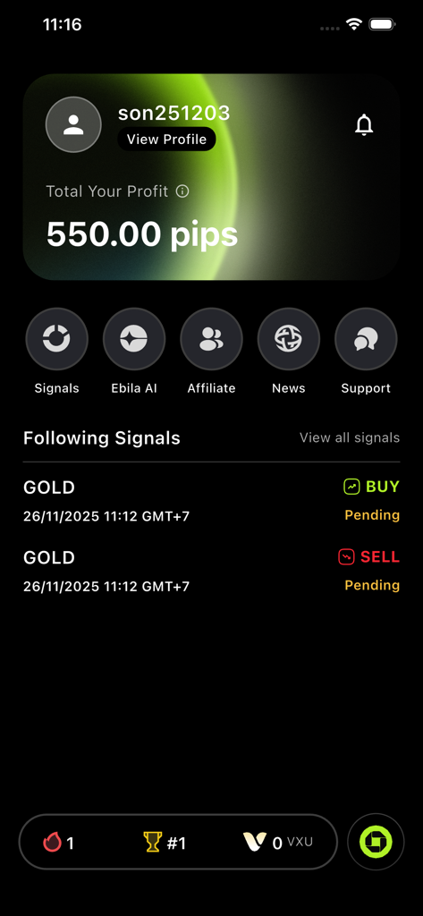 Ebila AI: Trading Signal - Ebila AI app dashboard showing total profit in pips and active gold trading signals