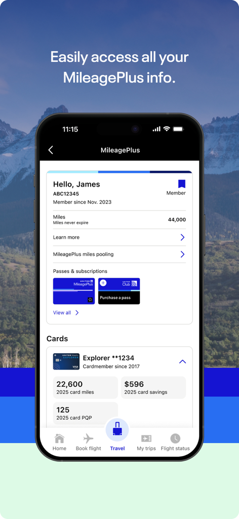 ユナイテッド航空アプリのインターフェイスに、マイレージ残高や会員ステータスを含むMileagePlusアカウントの詳細が表示されています。