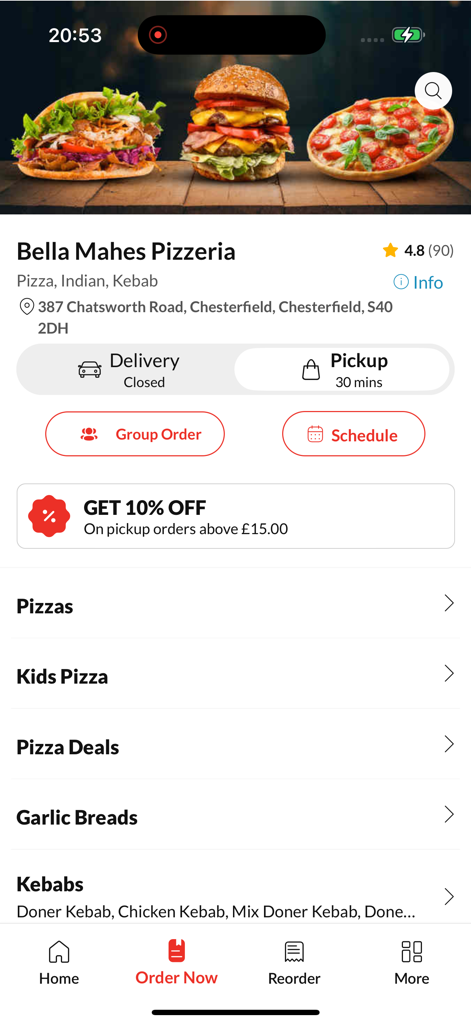 Bella Mahes Pizzeria - Bella Mahes Pizzeria mobile app home screen showing food menu and ordering options in Chesterfield