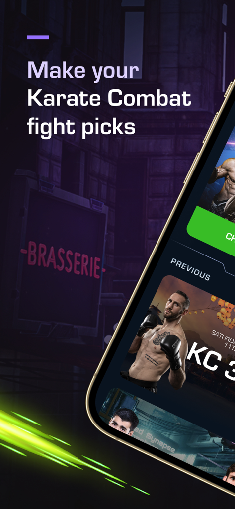 Karate Combat - Vote Live! - A smartphone screen displaying the Karate Combat app interface with the text Make your Karate Combat fight picks