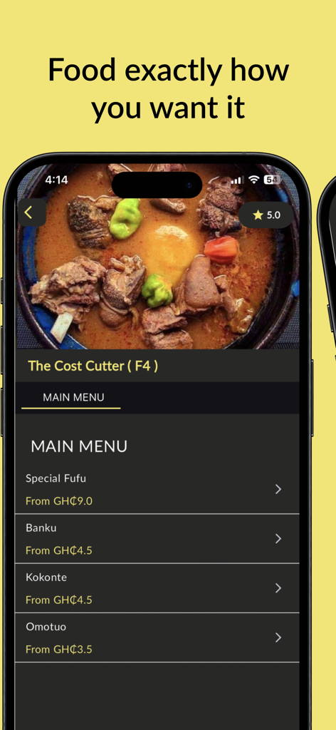 Night Market: Food Delivery - Night Market app interface displaying a traditional Ghanaian food menu including Fufu and Banku
