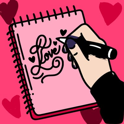 a hand writing “love” in calligraphy on a notebook