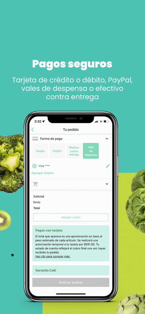 Calii - Calii mobile app checkout screen showing secure payment options including credit card, PayPal, and cash on delivery.