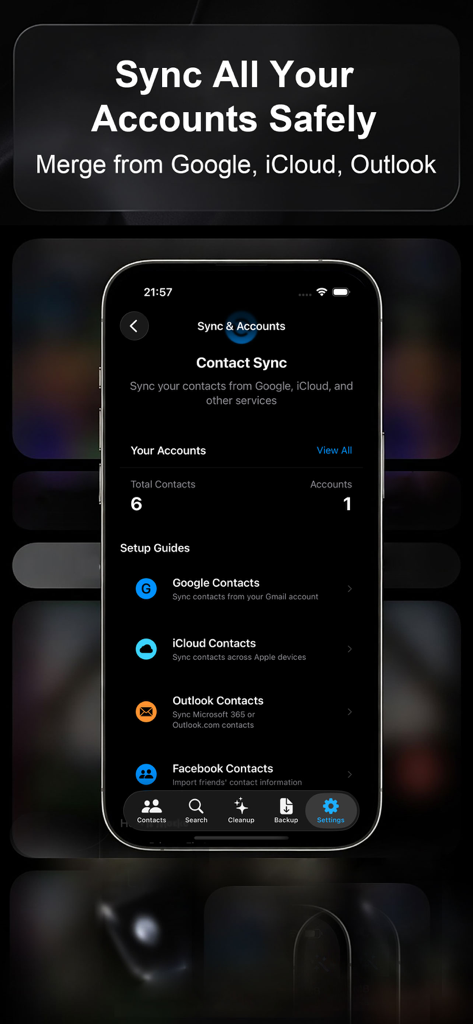 cSync: Sync Google Contacts,.. - Interface do aplicativo cSync exibindo opções para sincronizar e mesclar contatos do Google, iCloud e Outlook com segurança.