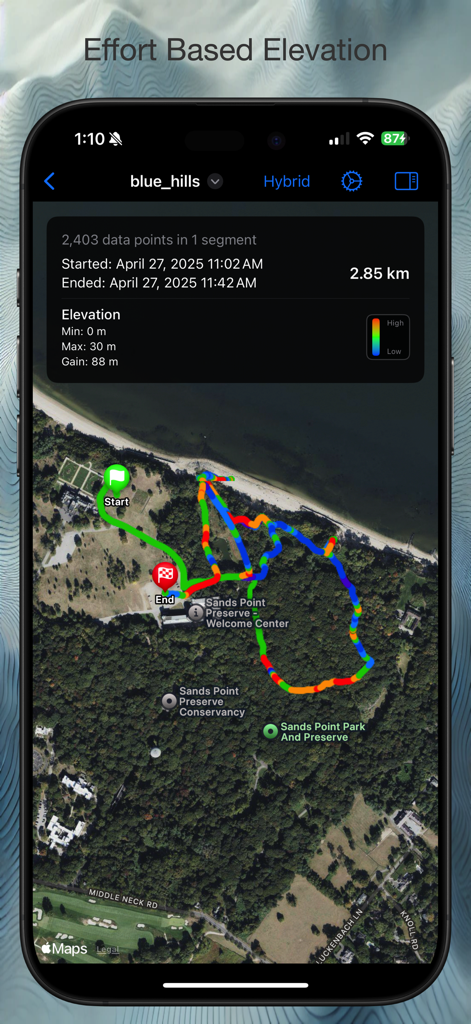 GPXExplore: GPX Track Viewer - GPXExplore app interface showing a color-coded route on a satellite map with elevation statistics.