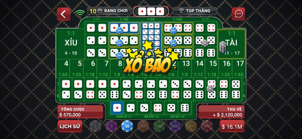 Sanh Rong - Game danh bai - Gameplay screenshot of the Tai Xiu dice game interface in the Sanh Rong app