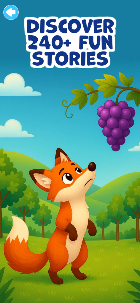 Zeichentrickfuchs, der in einer Gute-Nacht-Geschichten-Illustration nach lila Trauben schaut