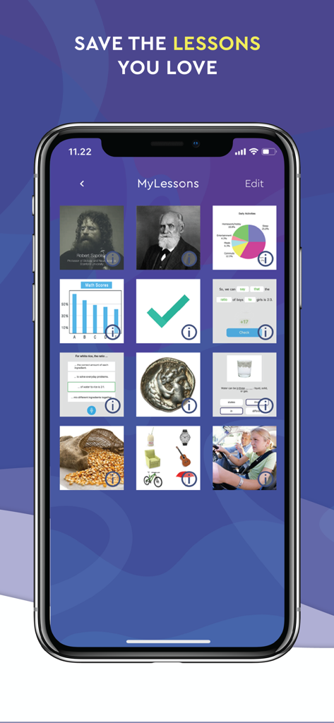neoStudy - 保存された教育コンテンツのグリッドを表示するneoStudyアプリのMyLessons画面