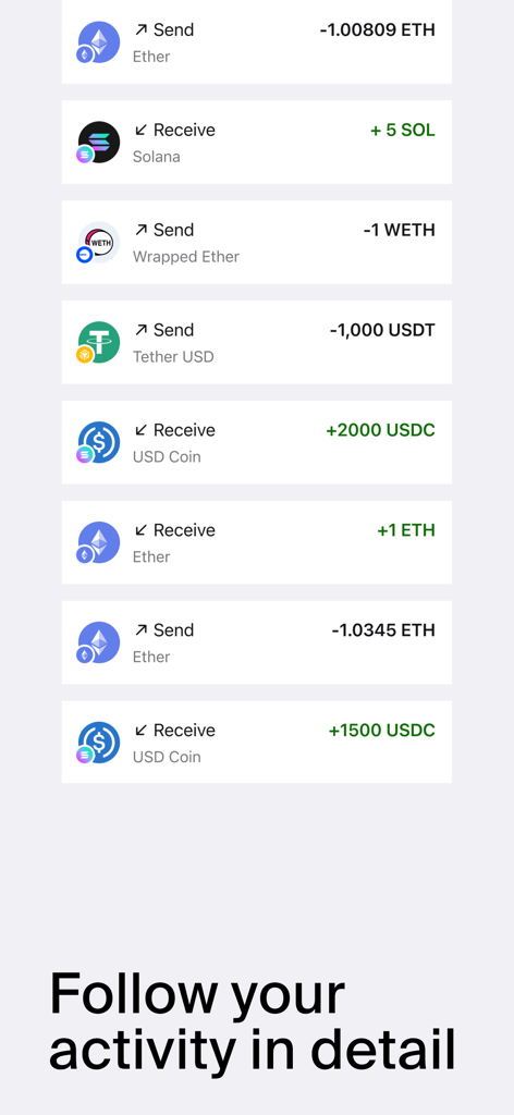 A list of recent cryptocurrency transactions in the 1inch wallet showing sent and received assets like Ethereum, Solana, and USDC.